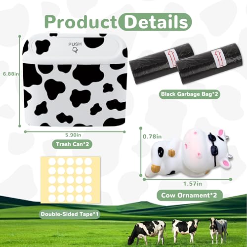 Image of CusDusk 2 PCS Cow Print Car Trash Can With Lid, Cattle Hanging Waterproof Garbage Organizer Holder with Two Black Trash Bag Rolls, Automotive Storage Container Dustbin for Most Vehicles