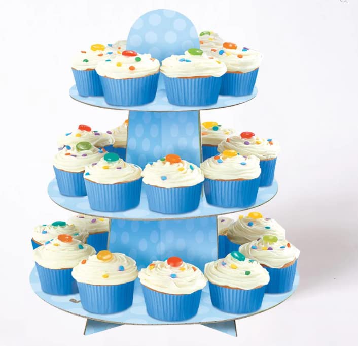3 Tier Cake Stands for Afternoon Tea, Biodegradable Cupcake Stand Cardboard, Round Dessert Tower for Party,Birthday,Anniversary, Wedding,Baby Shower (3-Tier Blue Cupcake Stand)