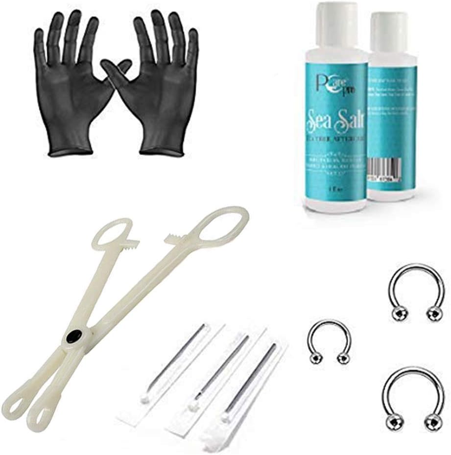 10PCS Horseshoe Septum Piercing Kit for Nostril Piercing 14G 16G 18G 3/8" Nose Ring Hoop Circular Barbell Septum Jewelry, Piercing Needle, Piercing Aftercare Solution, Forceps Clamp Tool Kit