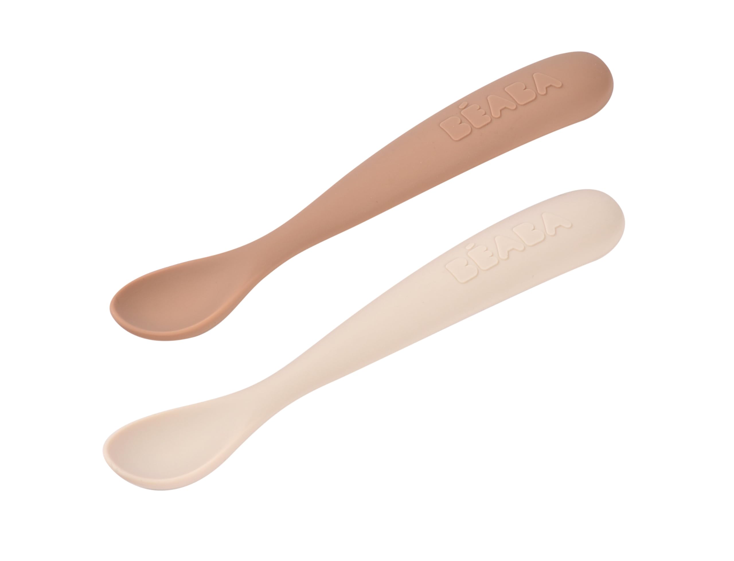 BÉABA Set of 2 Silicone Spoons for Baby/Infant Early Age, from 4 Months, Soft Rounded Tip, Long Ergonomic Handle, Travel Case