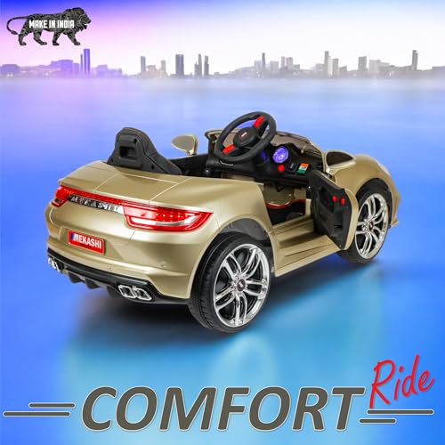 Image of MEKASHI Premium Electric Ride-On Car for Kids 1-7 Years with 12V Rechargeable Battery, Parent Remote Control, Bluetooth Music, LED Lights, 5 Speed Modes, Swing Function, Metallic Gold