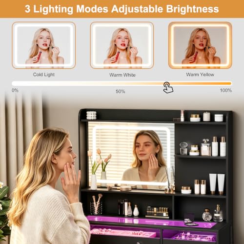 Image of Korfile 35'' Makeup Vanity Desk with Mirror and Lights, Power Outlet Black