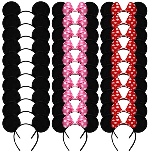 LIANGYUNZE 30 Pack Mouse Ears Headband for Birthday Supplies and Mouse Themed Hair Accessories Costume Cosplay Decoration(Pink Red and Black)