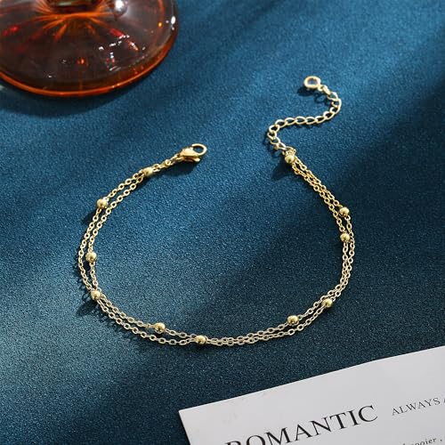 Image of 2 /3 PCS Gold Anklets for Women Waterproof Cuban Link Anklet Beaded Bracelets Stackable Bracelets 14K Gold Plated Custom Jewelry Gifts Non Tarnish Lightweight