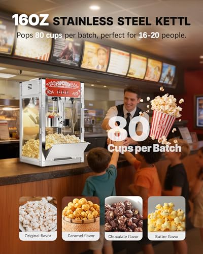 Image of 16 Oz Commercial Popcorn Machine, Large Countertop Popcorn Maker, 1440 W, Movie Theater Tabletop Pop Corn Machine with 3-Switch Control & Steel Frame Tempered Glass Doors, Red