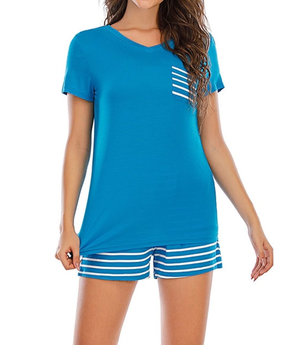Donna Pigiama Estivo Due Pezzi,Pigiama A Maniche Corte da Donna con Scollo A V A Righe Blu Set da 2 Pezzi Pigiama da Donna Morbido E Confortevole Loungewear Regalo per La Festa della Mamma per Mogli
