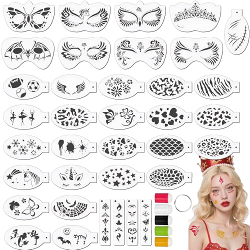 Hainue 36 Modelos pintura rosto crianças adulto com 4 esponjas de dedo, palmilhas pintacaras infantis corporais reutilizáveis para Halloween festas de maquilhagem carnaval