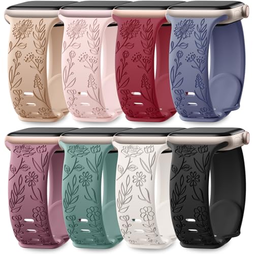 Easuny 8 Pack Bands for Women Compatible with Apple Watch 40mm 41mm 38mm 42mm 44mm 45mm 46mm 49mm iWatch Series 11 10 9 8 7 6 5 4 3 Ultra SE 3 SE 2nd, Soft Silicone Floral Engraved Dressy Wrist Straps