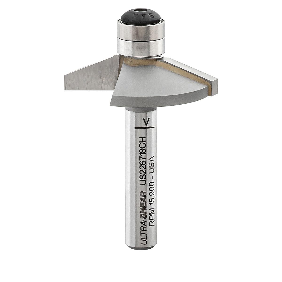 Ultra-Shear Chamfer Router Bit, 1/4 Shank, 67.5 Degree, 2 Flute, Twin Bearing, Carbide Tipped, USA Made Edge Forming Bevel Bit - US226718CH