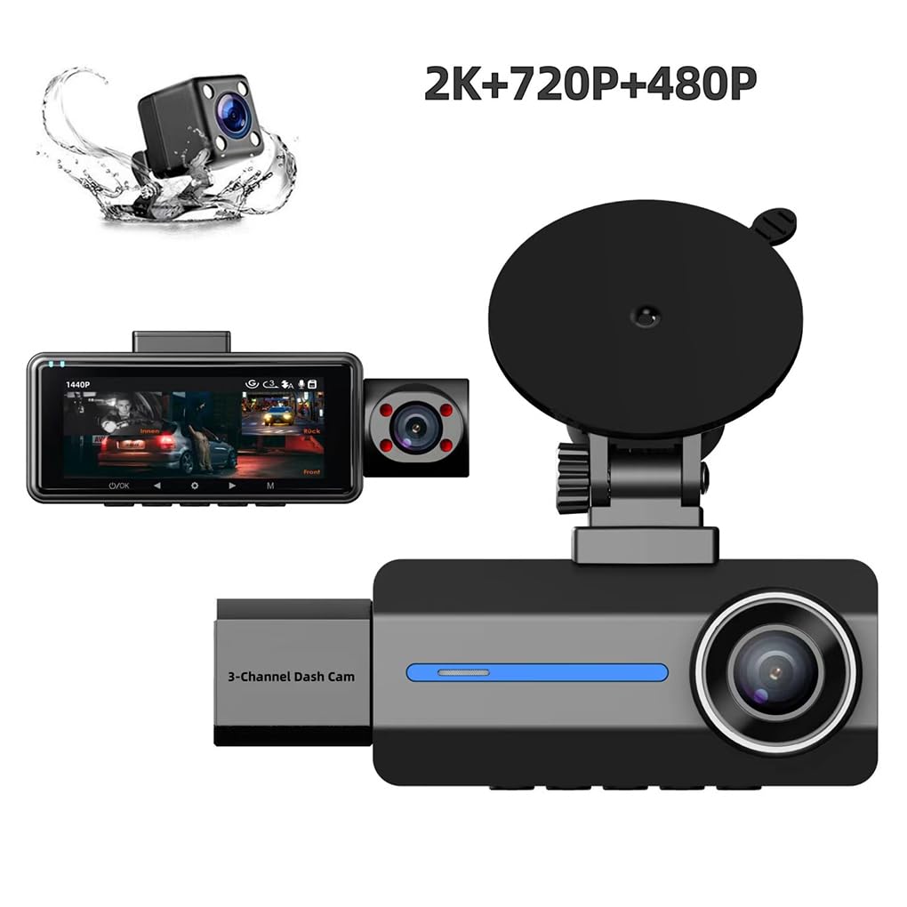 Telecamera da cruscotto a 3 Per canali dotata di registratore di | definizione 5K e funzionalità a infrarossi. Telecamera da cruscotto 1440P con anteriore e posteriore integrate.