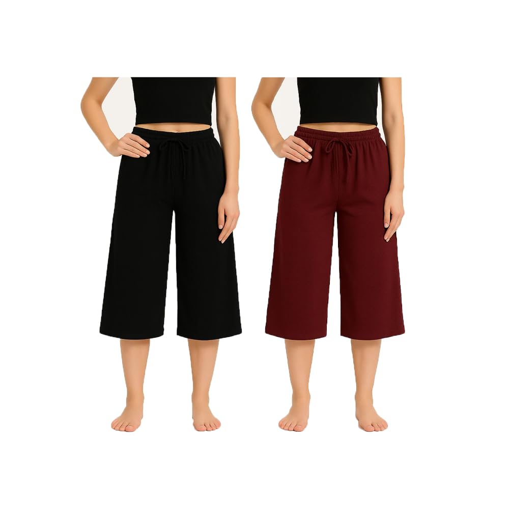 Women's Cotton Solid Capris,Nightwear and Yoga Capri for Girls Black, Marrone 2Pack-image-32