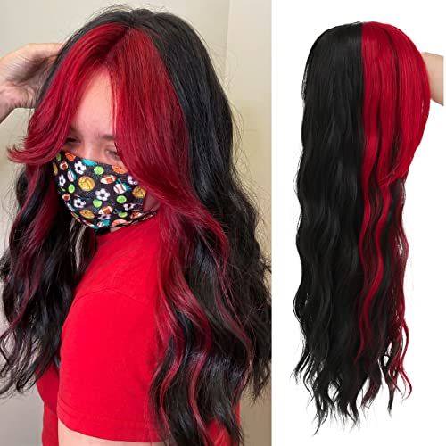 Baruisi Black and Red Long Curly Wavy Middle Part Synthetic Cosplay Wig for Women - Halloween Daily Party