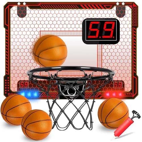 STAY GENT Indoor Basketball Hoop for Kids with Multicolour LED Lights/4 Balls/Automatic Scorer for Bedroom Home Office Over the Door Mini Basketball Hoop for Kids & Adults Sports Entertainment Games