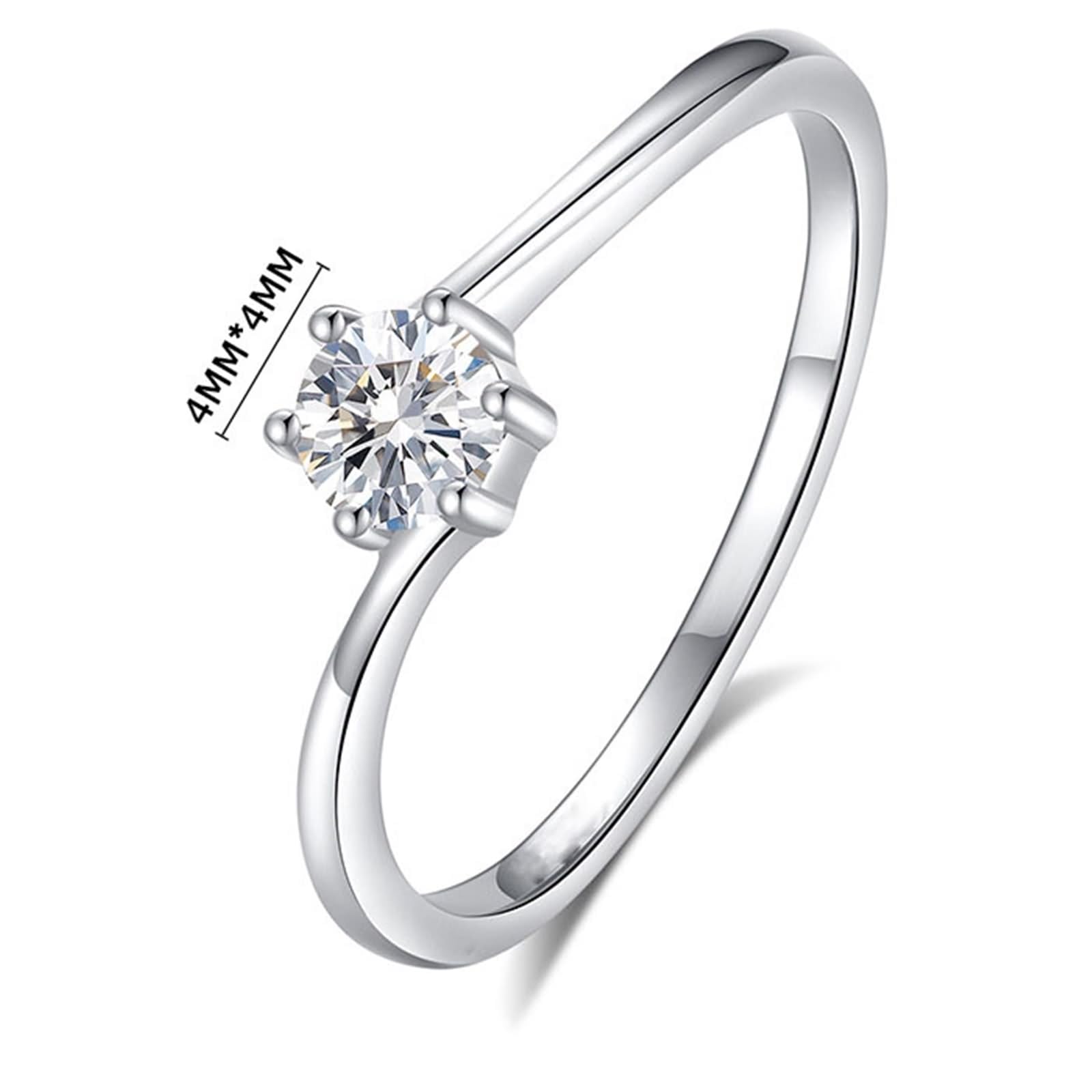 Edelstahl Ringe Damen Silber, Ringe Vintage Schmaler Solitärring mit Rundem Moissanit 0,3 Ct 14K Weißgold Größe 49 (15.6)