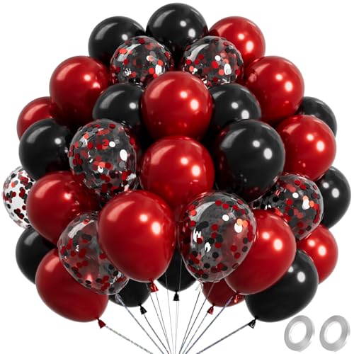 Image of RainbowQ 67Pcs 12 Inch Red and Black Confetti Latex Helium Balloons | Black Red Balloons Latex Helium Shiny Balloon Set for Graduation Wedding Anniversary Birthday Party Decorations