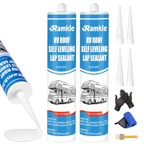 RV Roof Sealant, Self-Leveling Lap Sealant White, RV Caulking for Roofing, Maintenance, Camper &amp; Trailer Roof Leak Repair, 2 Pack