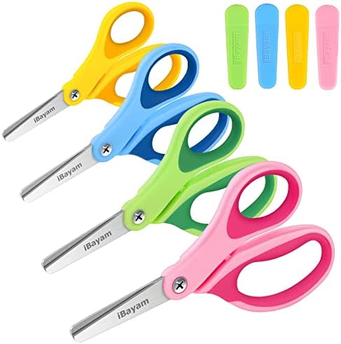 Kids Scissors, iBayam 5" Kid Scissors with Cover, Safety Small scissors, Student Blunt Tip Scissors for School Kids Age 4-7 8 9 10-12, Classroom Toddler Child Scissors Scrapbooking Art Craft Supplies