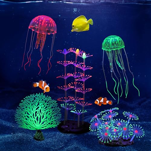 Image of Lpraer 5 Packs Glow Aquarium Decorations Branch Coral Tree Glowing Jellyfish Simulation Glow Plant Glowing Effect Silicone for Fish Tank Decorations