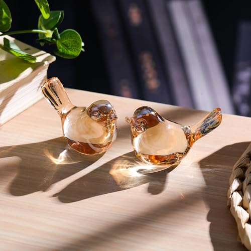 Qianwei 2PCS Crystal Bird Figurine Collectible - Handmade Blown Glass Birds Animals Figurines Crystal Office Desk Table Home Decor Paperweight (2pcs Champagne) - Image 3