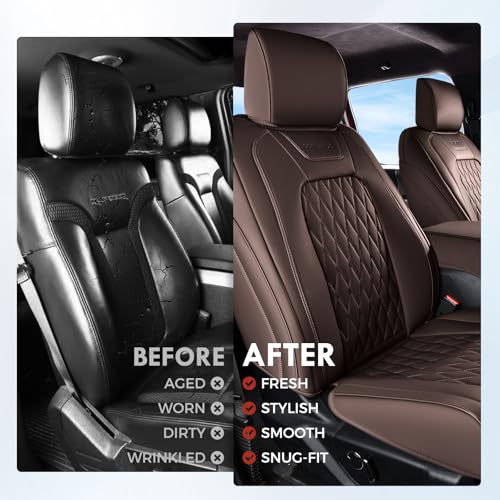 Image of Coverado Premium Leather Front Seat Covers Waterproof Heavy-Duty Protectors Custom Fit for Ford F150 (2015-2026) F250 /F350 /F450 (2017-2026)-Brown, Vintage Style, Scratch-Resistant