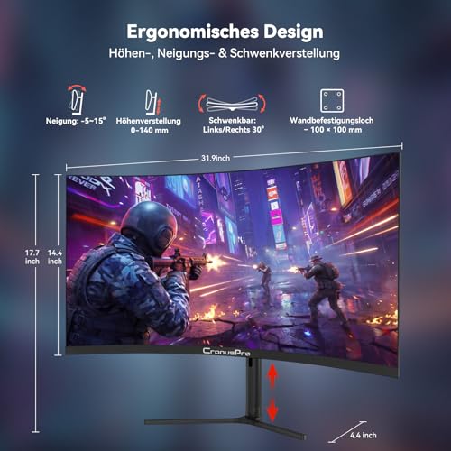 CronusPro 34 Zoll Ultrawide Curved Gaming Monitor, 180Hz, UWQHD (3440 x 1440) Höhenverstellbar, Pip/PBP, 1ms MPRT, AMD FreeSync, 21:9, 4000:1, 127% sRGB, 1500R, 2* HDMI 2.1/DP 1.4, VESA, Schwarz 5