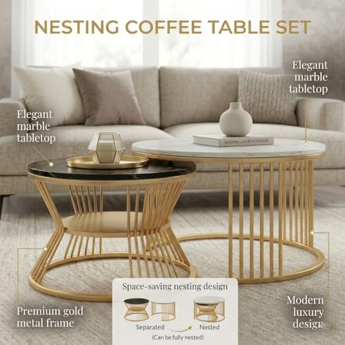 Image of Coffee Table, 20 inch Round Coffee Table Set of 2, Wooden Nesting Table with Metal Frame, Center Tables for Living Room Bedroom Balcony Bedside Table White