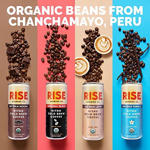 Rise Brewing Co. | Nitro Cold Brew Coffee | Vegan | Organic & Non-Gmo | 3X Original Black, 3X Oat Milk Latte, 3X Oat Milk Mocha, 3X Oat Milk Vanilla Latte 7 Fl. Oz. Cans (12 Pack) #TOP1