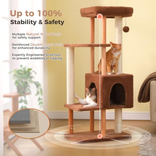 Image of 53 inch Modern Wooden Cat Tree for Large Cats with Solid Wood Posts