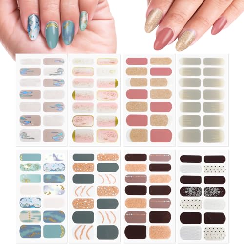 GEBETTER 8 Hojas 112 Pegatinas Uñas Adhesivas Tiras Esmalte Cubierta Completa, 8 Colores Purpurinas Ondas Rosa Azul Blanco Verde Dorado, Decoración Uñas Nail Stickers Art Full Cover Manicura Mujer