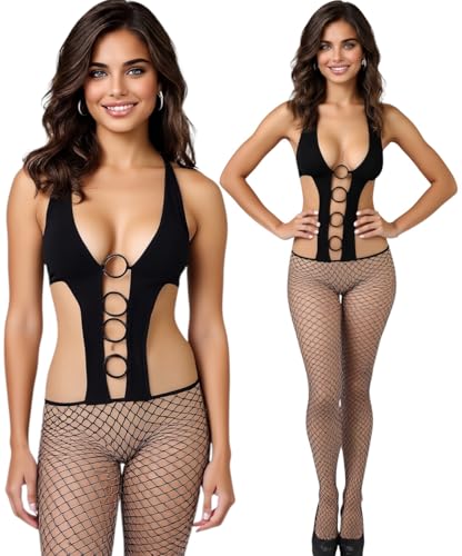 Image of ToBeInStyle Women's Assorted Bodystocking Sheer Opaque or Fishnet Crotchless Lingerie Bodysuit