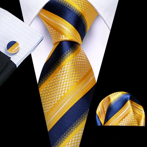 Image of Barry.Wang Mens Tie Set Plaid Check Neckties Formal Business Wedding Luxury Pocket Square Cufflinks