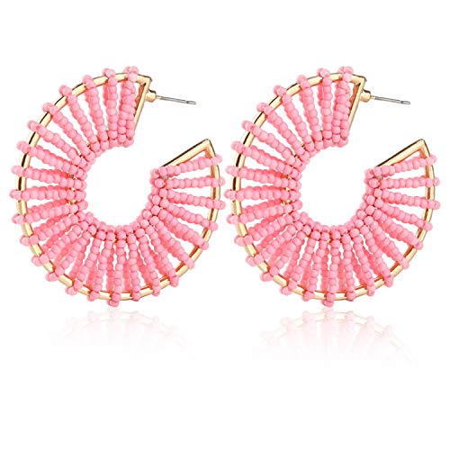 Pink Statement Round Beaded Hoop Bohemia Earrings Handmade Tassel Fringe Drop Dangle Flower Chandelier Vintage Stud Earrings Gifts for Mom,Women Girls