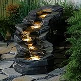 Sunlinua 49' L Water Fountain Outdoor 5-Tiers Rock Natural Waterfall Fountains Floor Standing Water Features with LED Lights for Garden, Patio, Porch, Home Art Decor