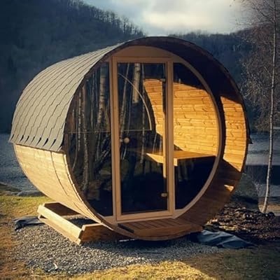 TaTalife Traditional Wooden Steam Saunas,Outdoor Barrel Steam Sauna with Porch, Canadian Hemlock Sauna 6-8 Person, Wood Burning Stove Chimney Kit, Waterproofing System, Asphalt Shingles, Rubber Base