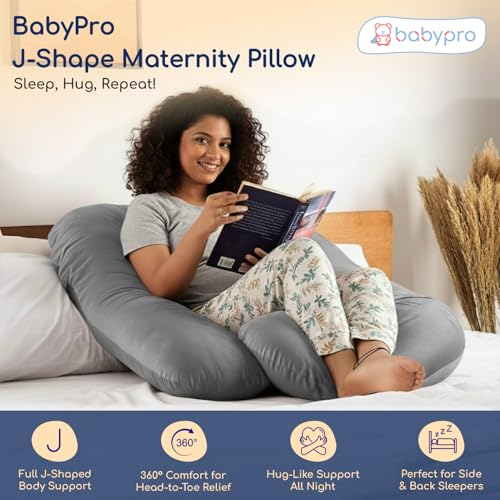 Image of BabyPro J-Shaped Pregnancy Pillow with Silky Cooling Velvet Cover, Grey | Full Body Pillow for Back Pain, Head, Belly, Hips & Knees, Soft Cushion