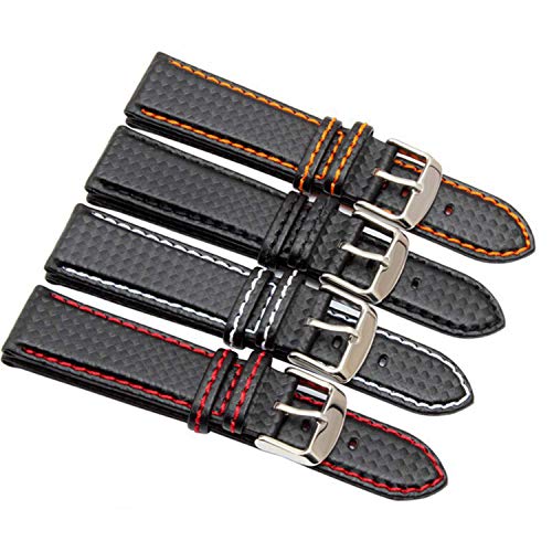18mm 20mm 22mm 24mm Herrenuhrenarmband Carbon Uhrenarmband Mit Roter Naht + Lederfutter Edelstahlverschluss Armband Schwarz X Rote Linie, 24mm