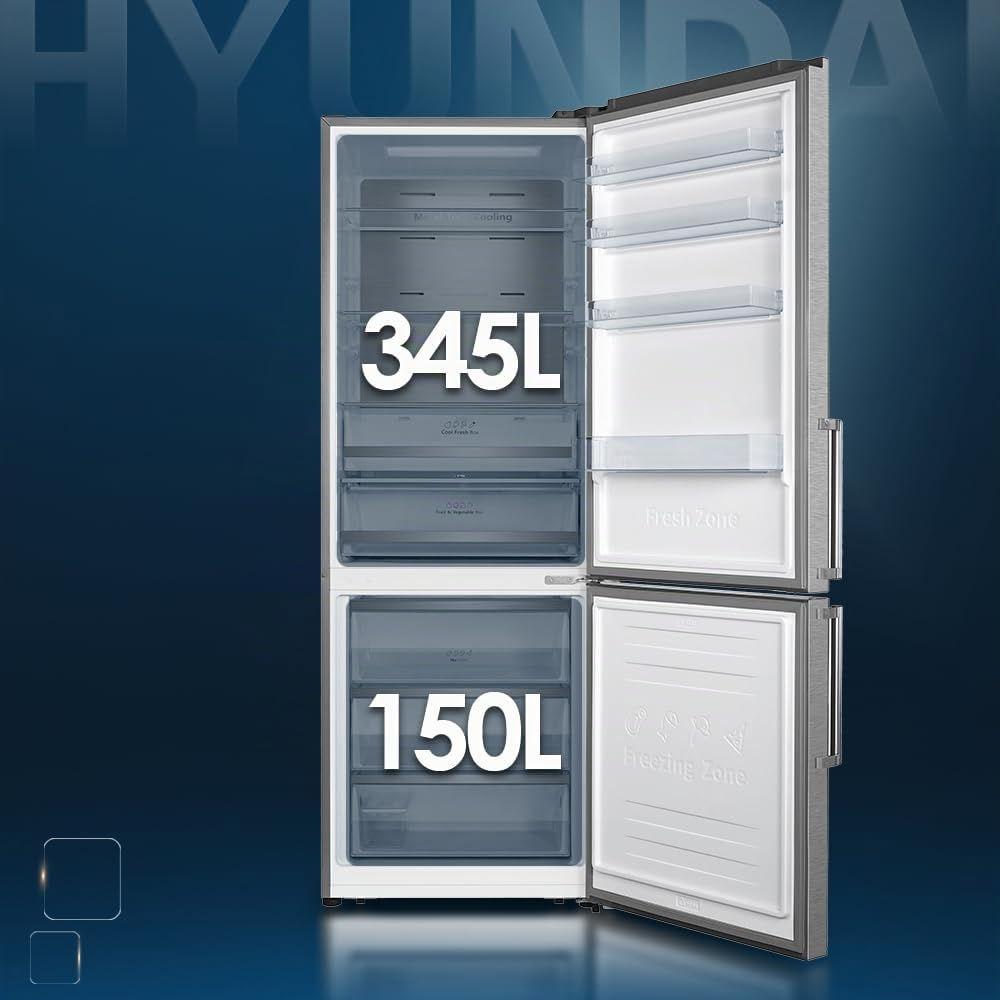 HYUNDAI Frigorífico Combinado Inox 2 Puertas. HC2700ENFIX, Capacidad 495 Litros, No Frost, Multi Air Flow, 39 dB, Puerta Reversible, Apertura con Tirador, Clasificación Energética E