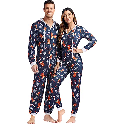 frawirshau Christmas Onesie Pajamas For Family Matching Onesies For Couples Christmas Pajamas Adult Men Reindeer Onesie Blue 3XL