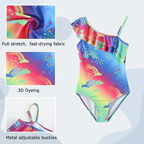 Image of Girls One Piece Swimsuits One Shoulder Ruffle Bathing Suit Kids Hawaiian Floral Swimwear 3-16 Years