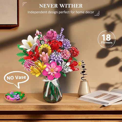 HOGOKIDS Flower Bouquet Set for Adults - 1461PCS Artificial Flowers Botanical Collection | 18 Sticks Ideas Decorative Home Plant Bouquet | Creative DIY Building Block Gift for Teens Girls Ages 8+3