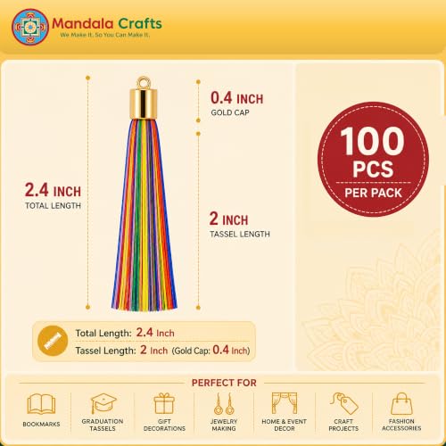 Image of Mandala Crafts Small Gold Tone Cap Multicolor Bookmark Tassels with Loops | 100 PC, Machine Washable, Polyester, Mini, for Crafts Jewelry Making Graduation Decorations Keychains Gift Tags & Ornaments