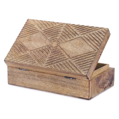 Ajuny Caja de Almacenamiento de Joyas Decorativa Tallada a mano de Madera Diseño de Línea Cofre del Tesoro Multiusos Organizador de Recuerdos Collares Cajas de Relojes Regalos 8x5 pulgadas