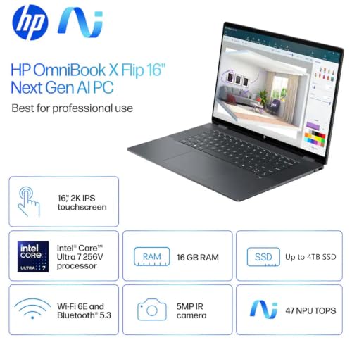 Image of HP OmniBook X Flip 2-in-1 Laptop, 16 inch WUXGA IPS Touchscreen Laptop, Intel 8-Core Ultra 7 256V, 16GB LPDDR5x 4TB SSD | Backlit KB, Copilot+ AI PC for Creator and Designer Business, Windows 11 Pro