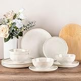 GBhome Steingut Geschirrset 4 Personen, 12-tlg Reaktive Glasur Handarbeit Geschirr Set, Mikrowellen- & Spülmaschinenfest Schüssel- und Teller Set, Beige