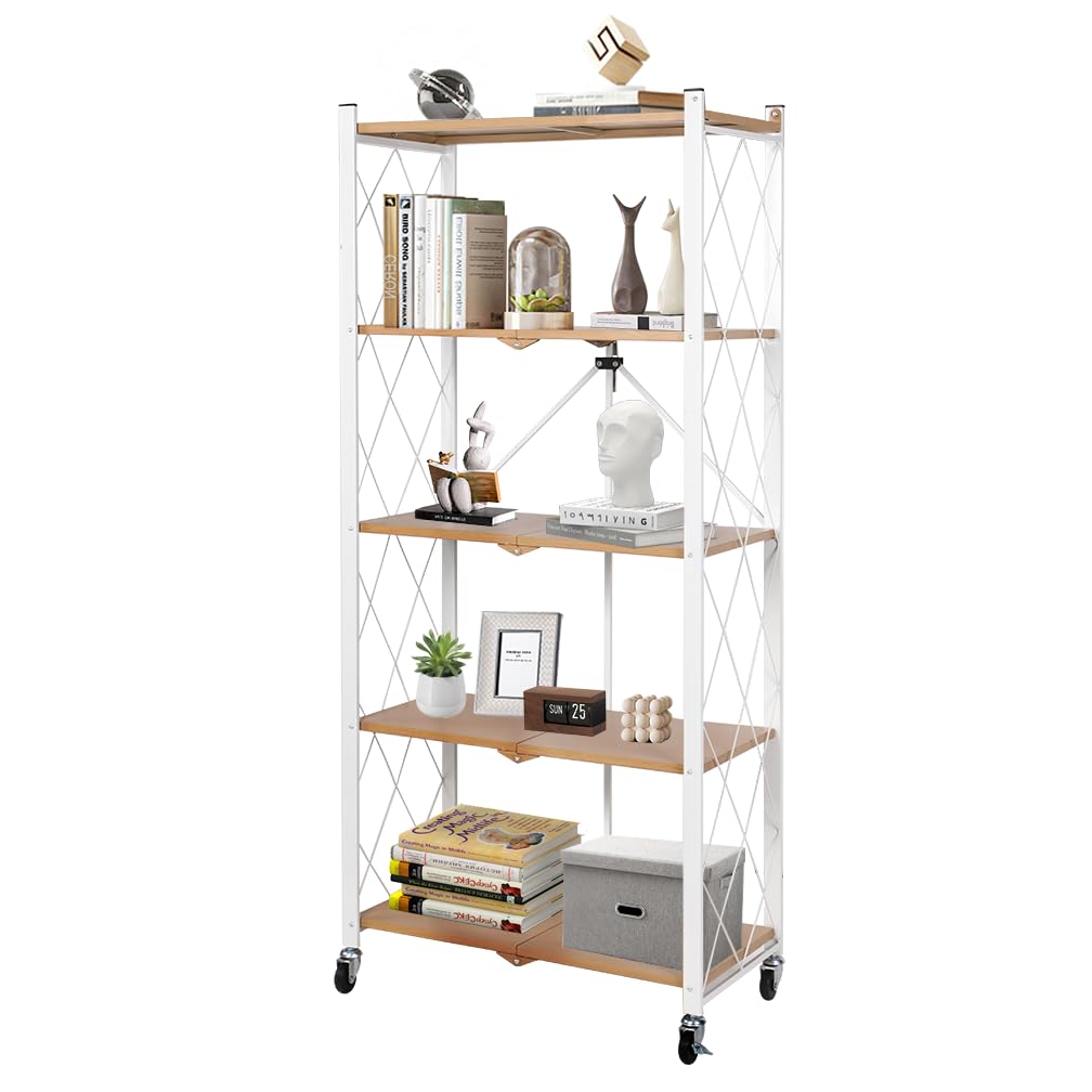 Hershii Folding Storage Shelves on Wheels, 5-Tier Metal Shelving Unit, Standing Bookcase Display Rack for Kitchen, Living Room, Office, Garage, Pantry, 68 x 34 x 152cm, White Oak Color