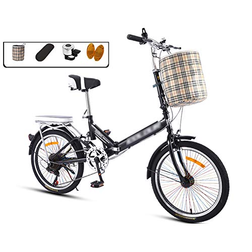 JHNEA 20 Zoll Faltrad Klapprad, 7 Gang Kohlenstoffstahlrahmen Fahrrad Klappfahrrad mit Komfortsattel Korb und Ständer Gepäckträger,Black-B Cover