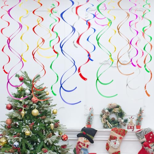 Image of Colorful Ceiling Swirl Foil Decorations Hanging Plastic Streamer Themed Swirl Party Decoration for Wedding Thanksgiving Day Graduation Celebration, Pack of 28 (Multicolor 16)