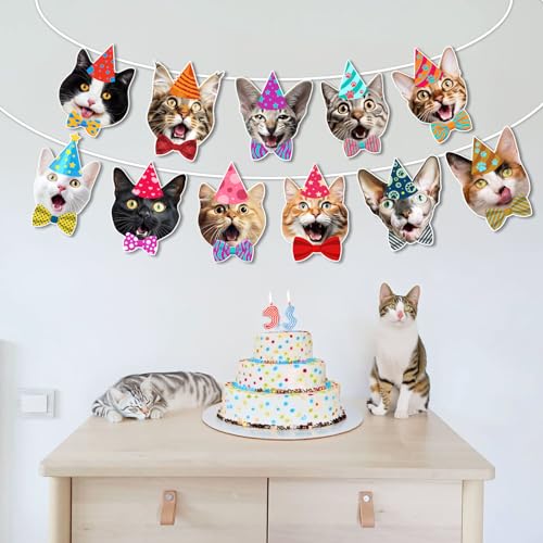 Image of Cat Faces Birthday Banner, Photographic Kittens Garland Party Decor | garland with 12 real photo cat face pennants, pre-strung; reusable cardstock; funny decor for cat lover parties
