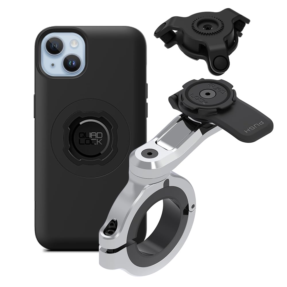 Quad Lock Motorcycle Handlebar Phone Mount PRO Chrome - Large with Vibration Dampener and MAG Phone Case for iPhone 14 Plus
