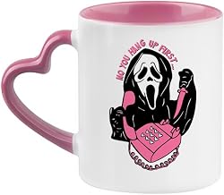 Giftme No You Hang Up First, Horror, Ghostface, Ghost Mask, Halloween, 11oz Heart Handle Cup, Coffee, Tea Mug. (Pink)